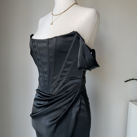 Glossy Satin Draped Sleeve Off The Shoulder Balconette Corset Dress - Picture 8 of 11